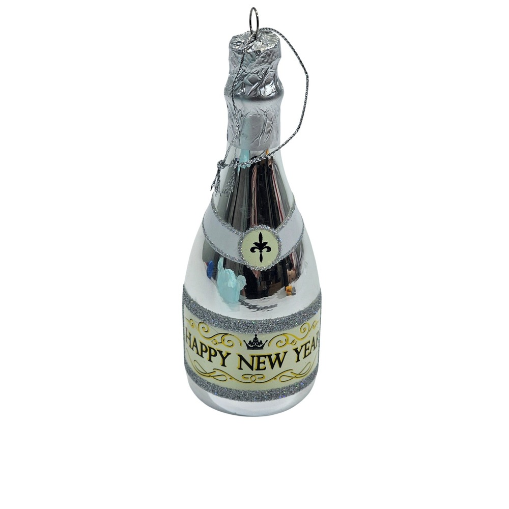 Champagne Bottle Christmas Ornament Silver Mercury‎ Glass Happy New Year Glitter